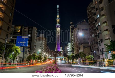 Tokyo Japan - May 2 2017: Road in Sumida ward that lead to Tokyo Skytree