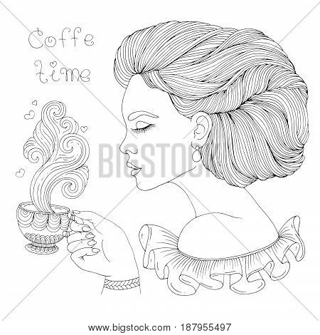 Vector hand drawn elegant lady in profile holds a mug with a hot drink and enjoys the delicious aroma of steam. Patterned page for coloring book A4 size. Isolated on white background