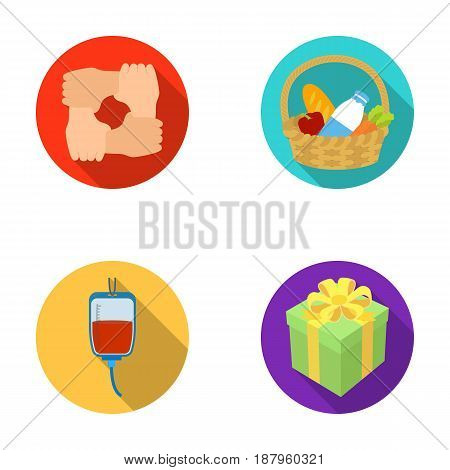 Gesture of the hands in support, a basket with food for charity, donor blood, a gift donation box. Charity and donation set collection icons in flat style vector symbol stock illustration .