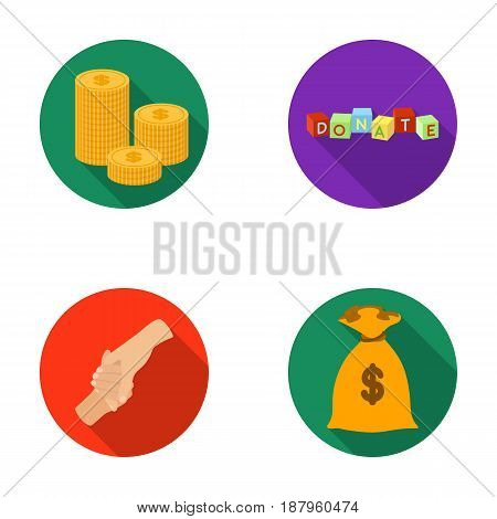 A pile of coins for donations, colored cubes with an inscription, a handshake, a bag of money for donations. Charity and donation set collection icons in flat style vector symbol stock illustration .
