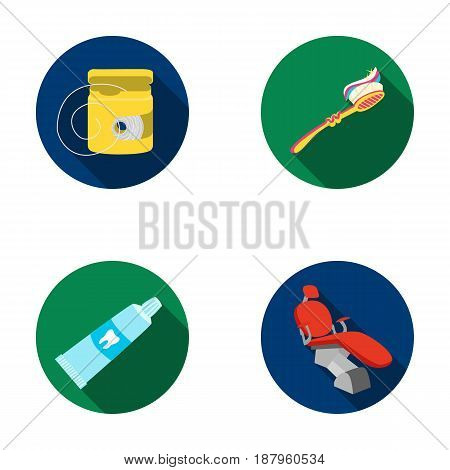 Dental floss, toothbrush, toothpaste, dental chair. Dental care set collection icons in flat style vector symbol stock illustration .