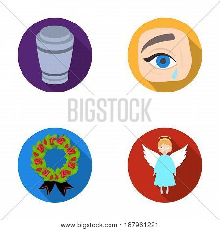 The urn with the ashes of the deceased, the tears of sorrow for the deceased at the funeral, the mourning wreath, the angel of death. Funeral ceremony set collection icons in flat style vector symbol stock illustration .