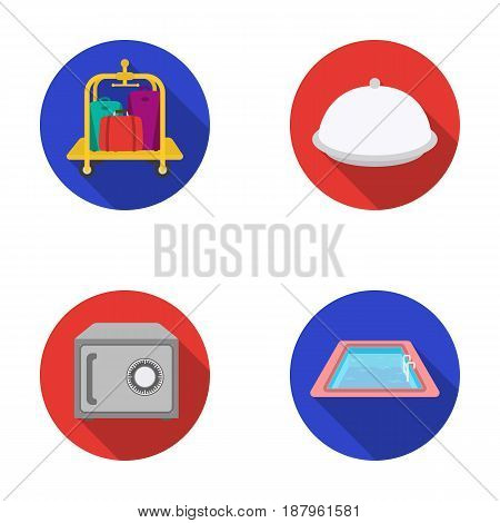 Trolley with luggage, safe, swimming pool, clutch.Hotel set collection icons in flat style vector symbol stock illustration .