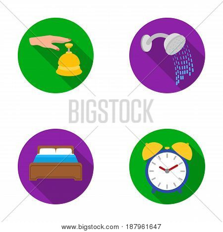 Call at the reception, alarm clock, bed, shower.Hotel set collection icons in flat style vector symbol stock illustration .