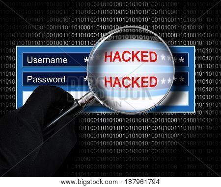 The concept of computer security. Hand with magnifying glass checks a username and password on hacking