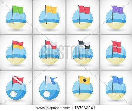 Beach warning flags icons set Flat design of international signs flag on the beach with round shadow vector illustration