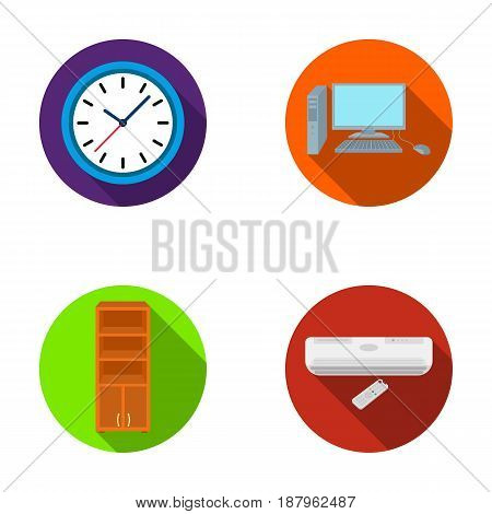 Clock with arrows, a computer with accessories for work in the office, a cabinet for storing business papers, air conditioning with remote control. Office Furniture set collection icons in flat style vector symbol stock illustration .