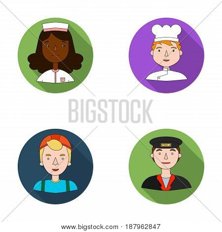 A nurse in a dressing gown, a cook in a hood, a builder in a helmet, a taxi driver in a cap. People of different professions set collection icons in flat style vector symbol stock illustration .