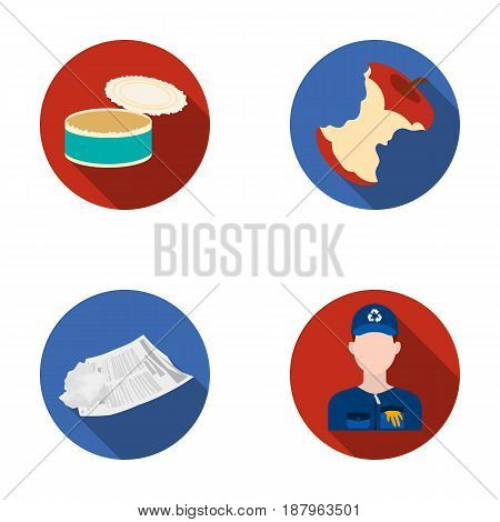 Can used used pot, apple stub, old dirty and wrinkled newspaper, the man who takes out the garbage.Garbage and trash set collection icons in flat style vector symbol stock illustration .
