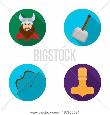 Viking in helmet with horns, mace, bow with arrow, treasure. Vikings set collection icons in flat style vector symbol stock illustration .