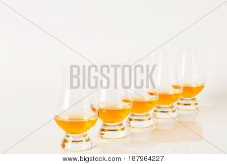Set Of Single Malt Tasting Glasses, Single Malt Whisky In A Glasses, White Background
