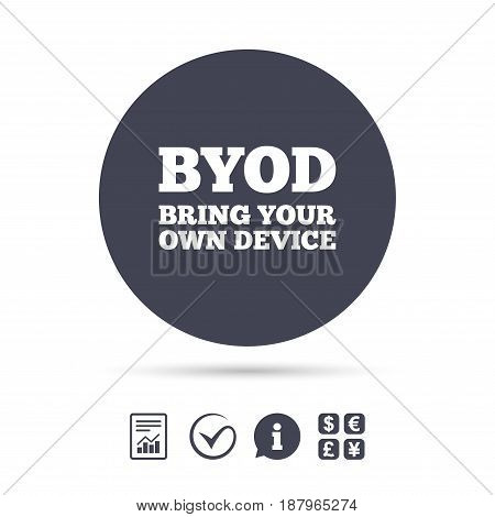 BYOD sign icon. Bring your own device symbol. Report document, information and check tick icons. Currency exchange. Vector