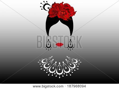 Portrait of modern Latin or Spanish woman, Lady with necklace crafts and red flowers , Icon isolated, Vector illustration