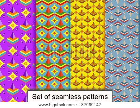 Set seamless patterns of geometric 3D shapes. For design wallpaper cover invitation fabric and textile. Vector pattern.