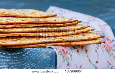 Stack Of Matzah Or Matza On A Vintage Wood Background With Copy Space.