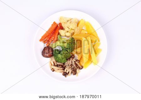 Fried Potato And Shimeji Mushroom With Mixed Vegetables.