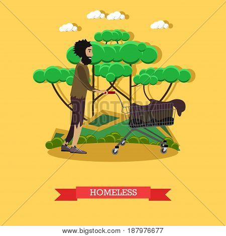 Vector illustration of a homeless man pushing cart with old stuff. Flat style design.