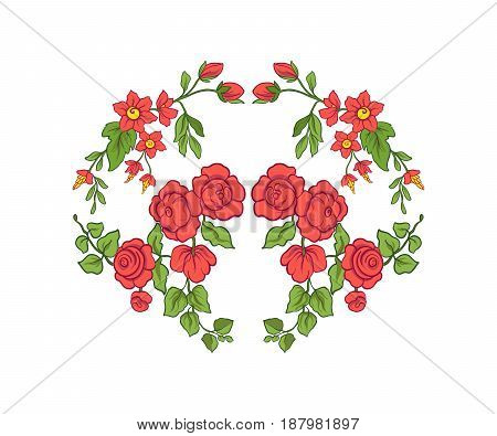 Embroidery for the collar line. Floral ornament in vintage style on a white background. Stock vector illustration.