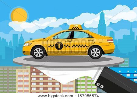 Driver hand with silver cloche serving yellow taxi cab car on plate. City skyline silhouette at day. Skyscappers, towers, buildings. Taxi service concept. Vector illustration in flat style