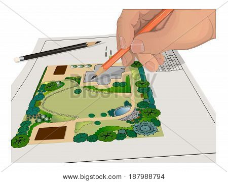 Hand, Pencils, general plan Isolated on white background