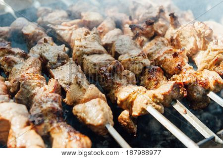 The pork shish kebabs prepared on a brazier for a holiday. Meat becomes fragrant and tasty thanks to smoke