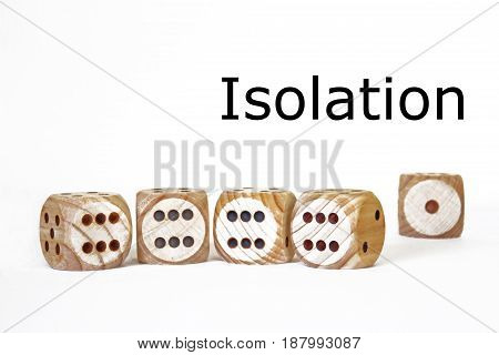 isolation symbolic scene with four similar dices standing close to each other and a different one standing alone in the distance