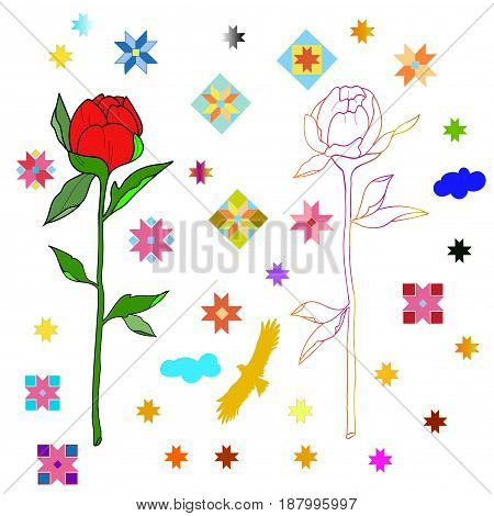Sketch of flowers and ethnic patterns on white background.