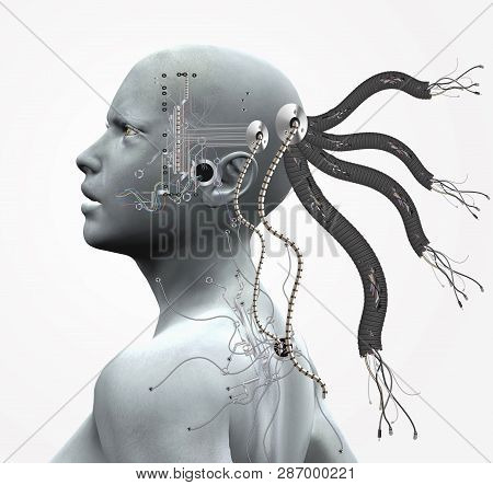 Cyborg With Cables And Circuits - 3d Illustration