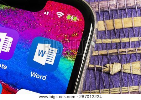Helsinki, Finland, February 17, 2019: Microsoft Word Application Icon On Apple Iphone X Screen Close