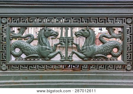 Sunset View Of The Railing Details Of The Blagoveshchenskiy Bridge, One Of The Main Bascule Bridges 