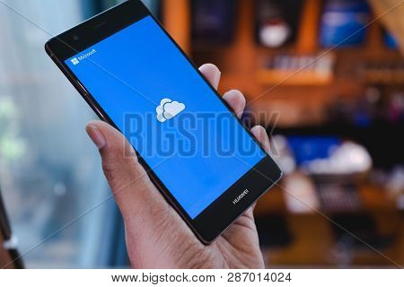 Chiang Mai, Thailand - April 21,2018: Man Holding Huawei With Onedrive On Screen. Microsoft Onedrive