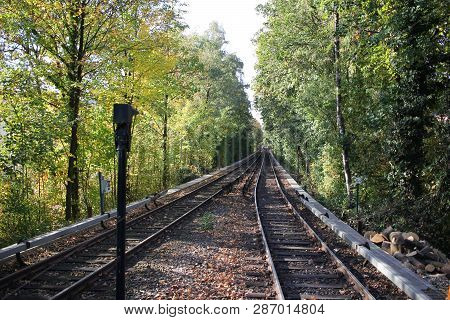 Railroad Tracks Surrounding By Tree Line During Train Station, Empty Platform Wait For Train Cargo C