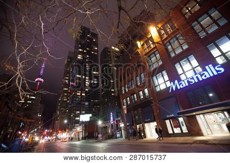 Toronto, Canada. December 26, 2015: The Center Of The City Of Toronto, Urban Night Scene. Lights, Sk