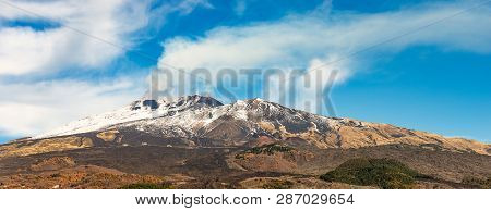 The Mount Etna Volcano With Smoke In Winter. Catania, Sicily Island, Italy, Europe