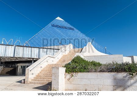 Eilat, Israel - February 9, 2019: View Of 3d Imax Cinema In The Gan Binyamin Central Park.