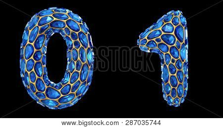 Number set 0, 1 made of 3d render diamond shards blue color. Collection of number isolated on black