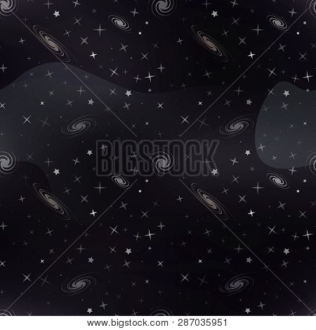 Cartoon Deep Space Background With Lots Of White Stars And Galacticas On Black, Cosmos Seamless Patt