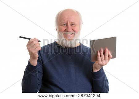Funny bald and bearded old man using tablet computer, isolated on white