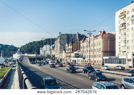 Kiev, Ukraine - July 16, 2018: Seafront Of Dnipro River The Dnieper Near Poshtova Ploscha Metro Stat