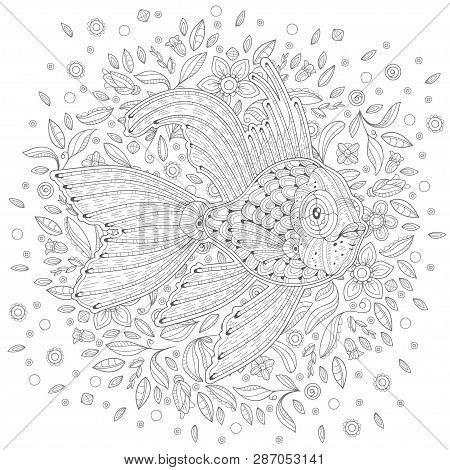 Hand-drawn Decorated Cartoon Ram Cichlid Fish On The White Background With Algae. Image For Coloring