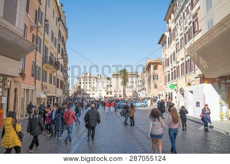 Rome, Italy - February 23, 2019: Piazza Di Spagna Viewed From The Spanish Steps And Via Condotti. On