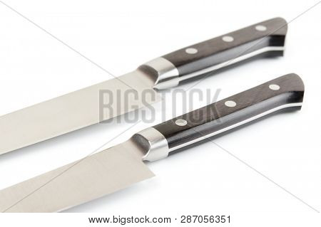 Knife handles isolated on white background, close-up