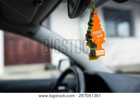 Miercurea Ciuc, Romania-02 March 2019: Hanging Wunder Baum Air Fresheners On The Rear View Mirror.