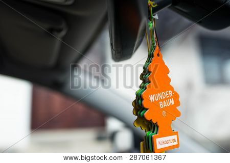 Miercurea Ciuc, Romania-02 March 2019: Hanging Wunder Baum Air Fresheners On The Rear View Mirror.