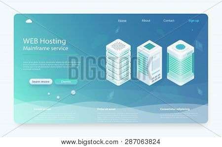 Internet Datacenter Connection Concept. Hosting Server Isometric, Administrator Of Web Hosting. Comp