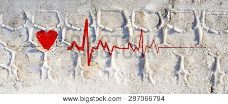 Tire Track On A Snow With Wine Glass Patterns And Red Wine Or Blood Heart And Heart Beat Line To Dea