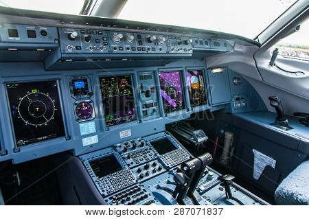 Zhukovskiy, Russia - August 28, 2015: Sukhoi Superjet 100 Ra-89034 Yamal Airlines Cockpit View