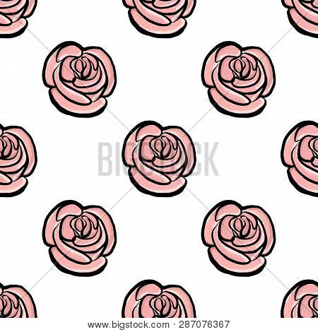 Rose Flower Seamless Pattern. Pink Roses On White Background. Stock Vector. Hand Drawing A Sketch Of