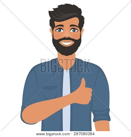 Happy Smiling Man Shows Thumbs Up. Gesture, Symbol Or Sign Like, Cool, Agree, Approve. Bearded Dark-