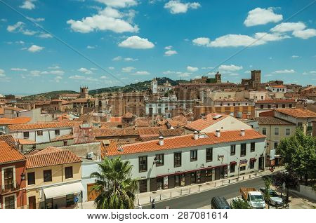 Building Roofs, Church Bell Towers And Empty Street At Caceres